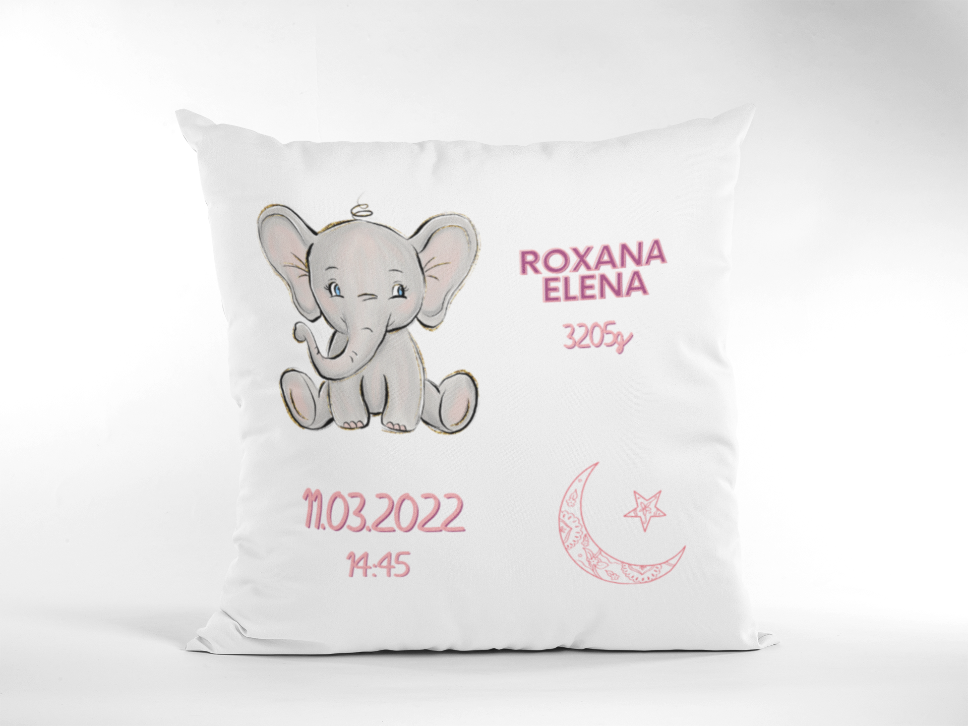 Pernă personalizată - Elefănțel roz date naștere - imagine 1