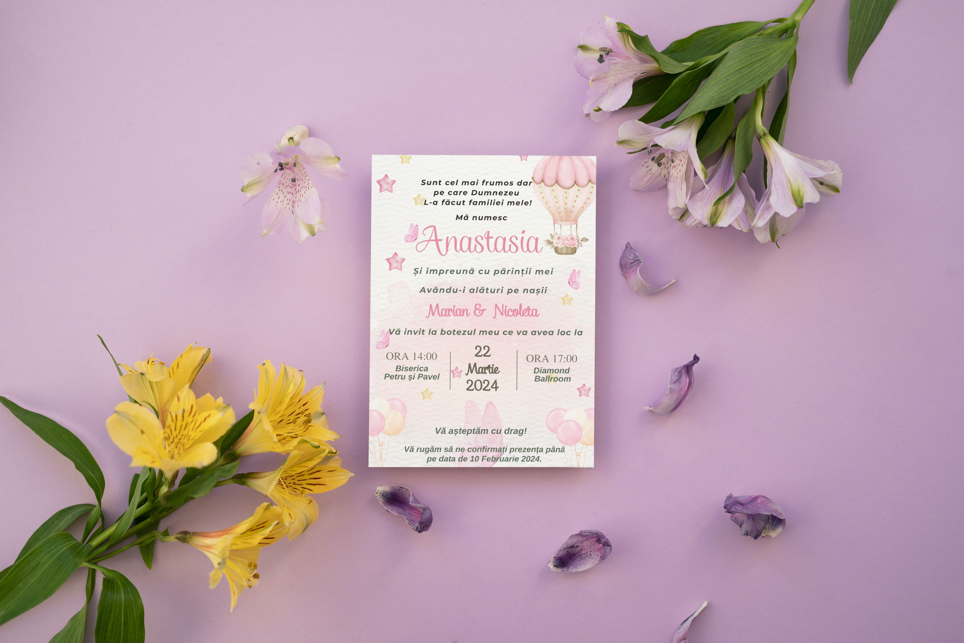 Invitație de botez roz pastel. cu balon roz