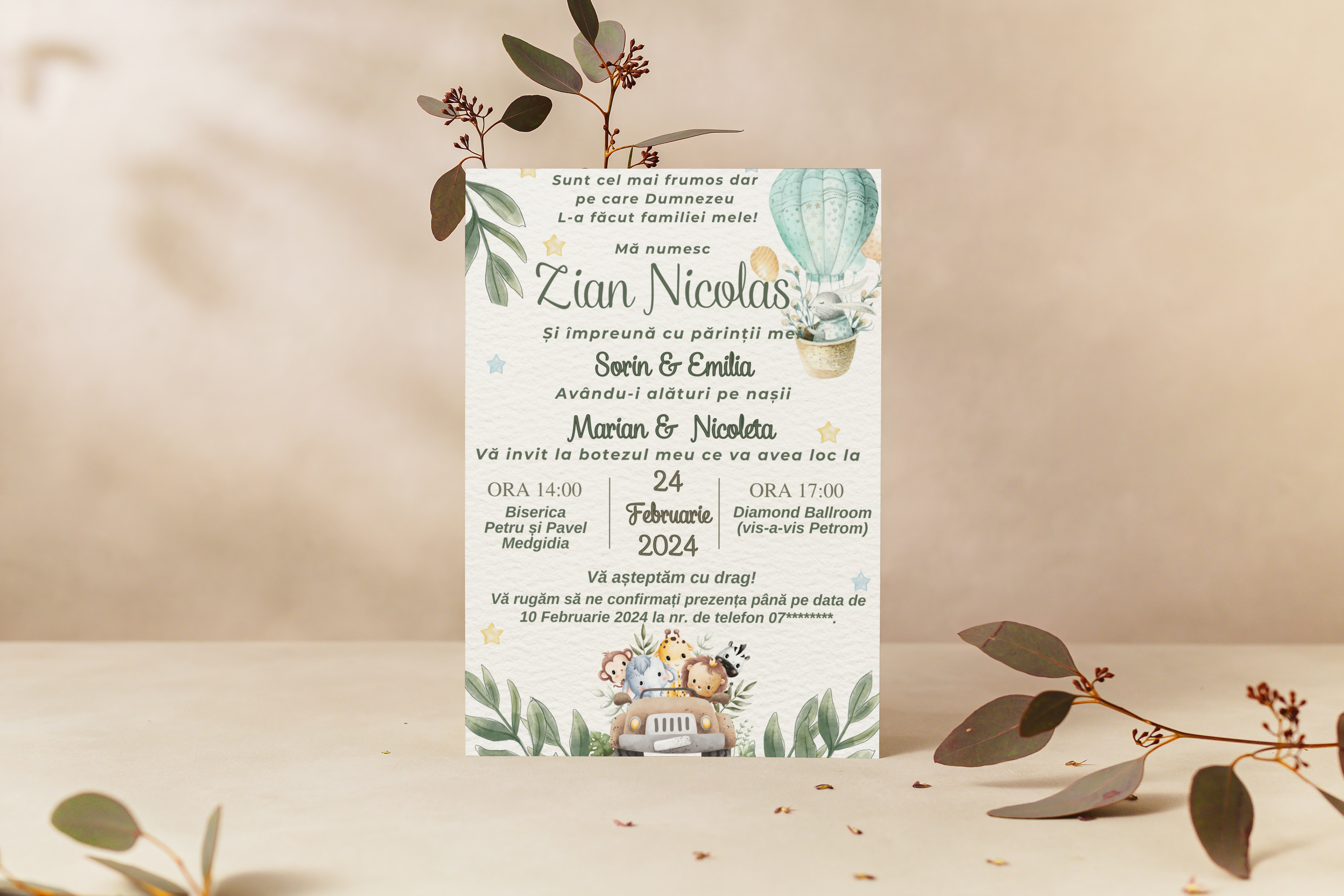Invitație botez verde pastel - balon cu iepuras