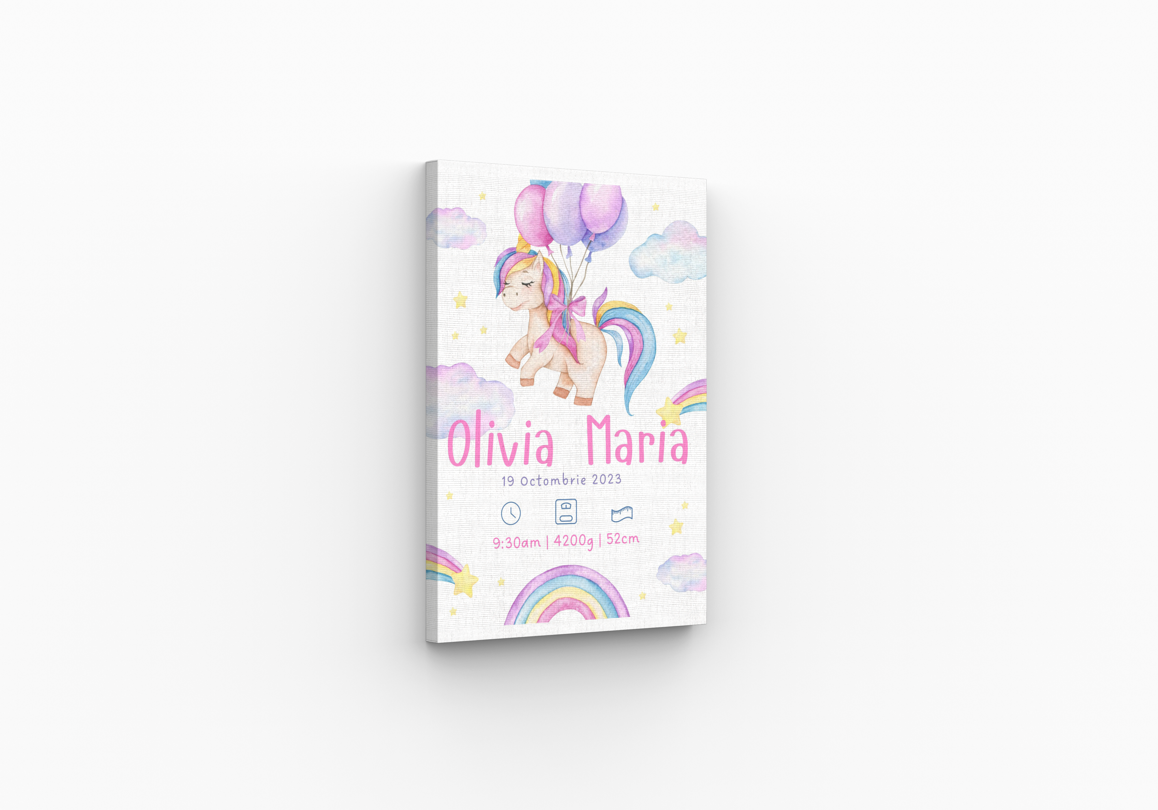 Tablou personalizat cu detaliile nașterii – Unicorn cu baloane