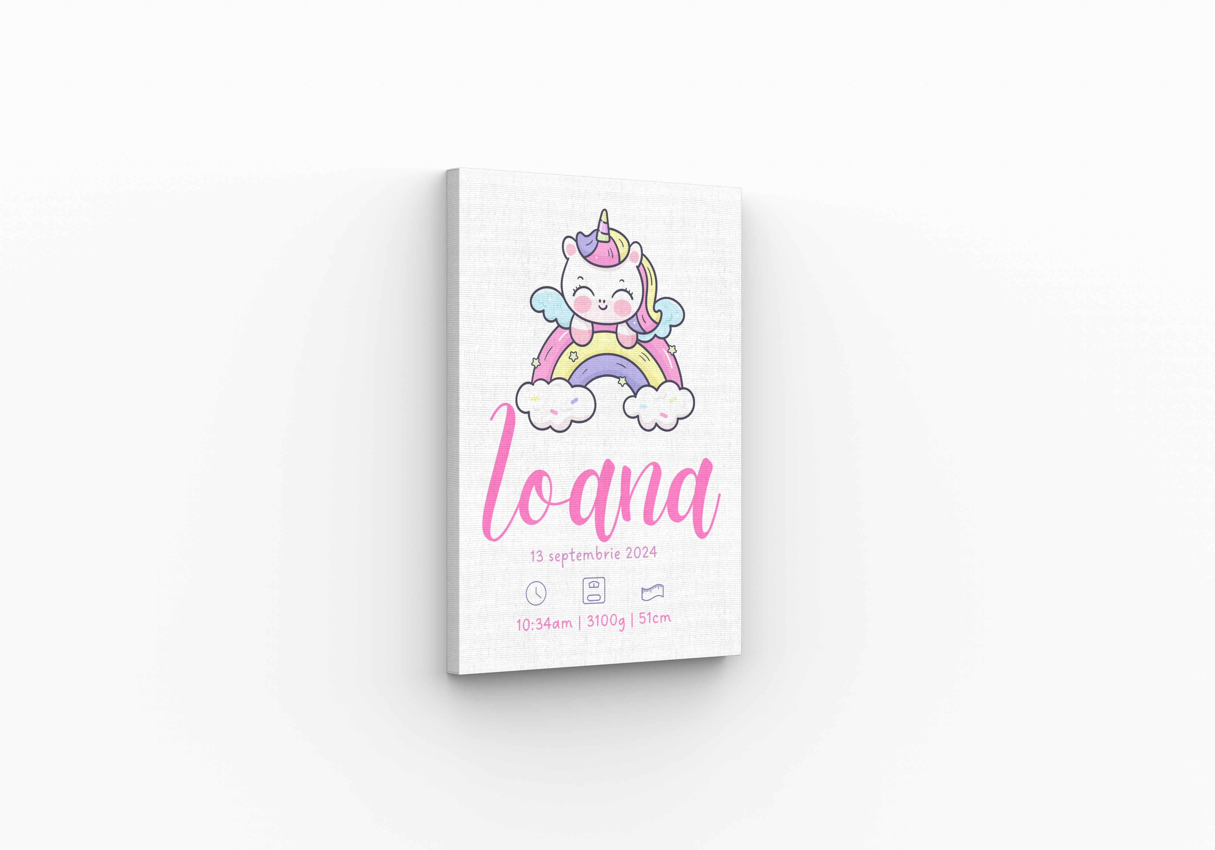 Tablou personalizat cu detaliile nașterii – Unicorn pe curcubeu