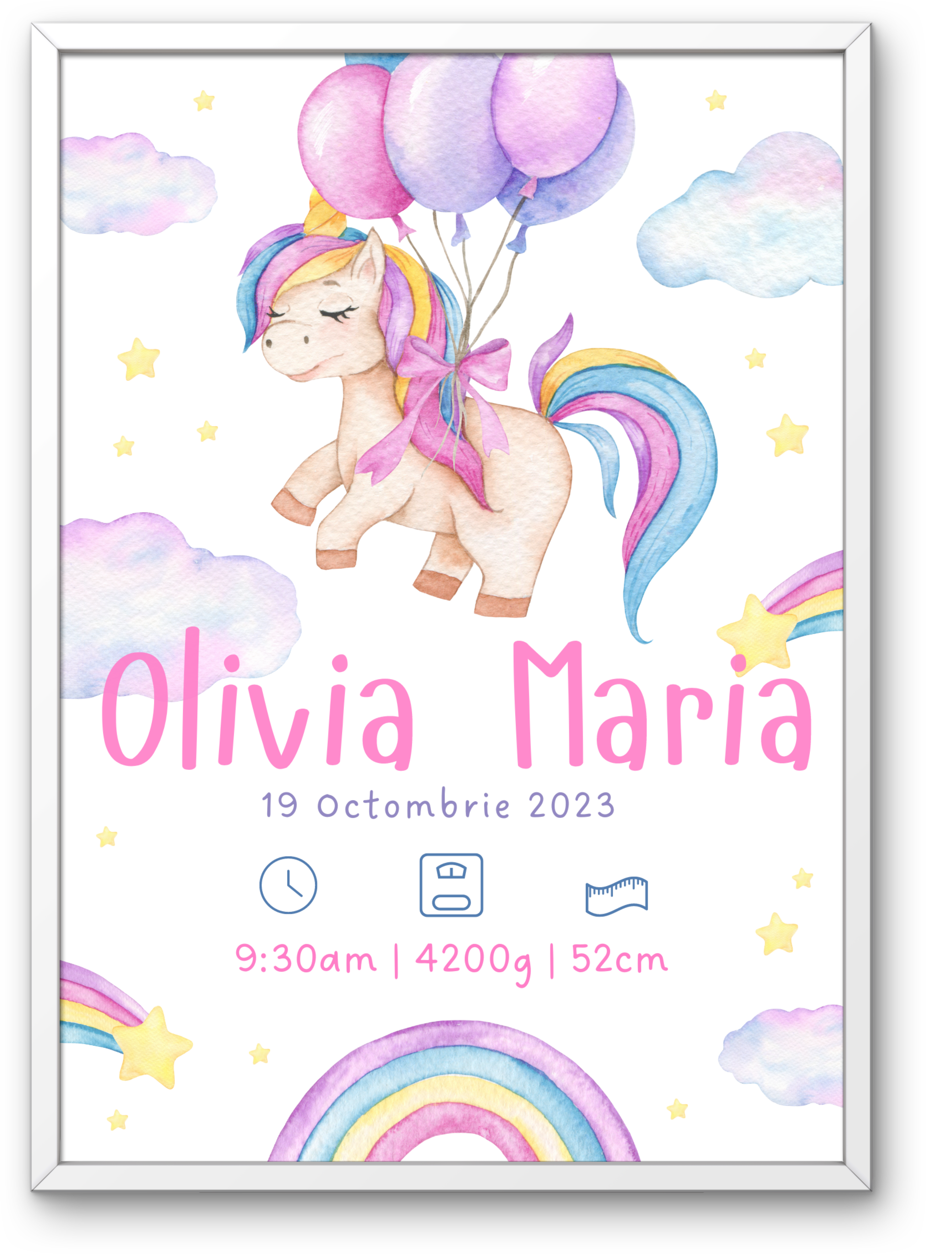 Tablou personalizat cu detaliile nașterii – Unicorn cu baloane
