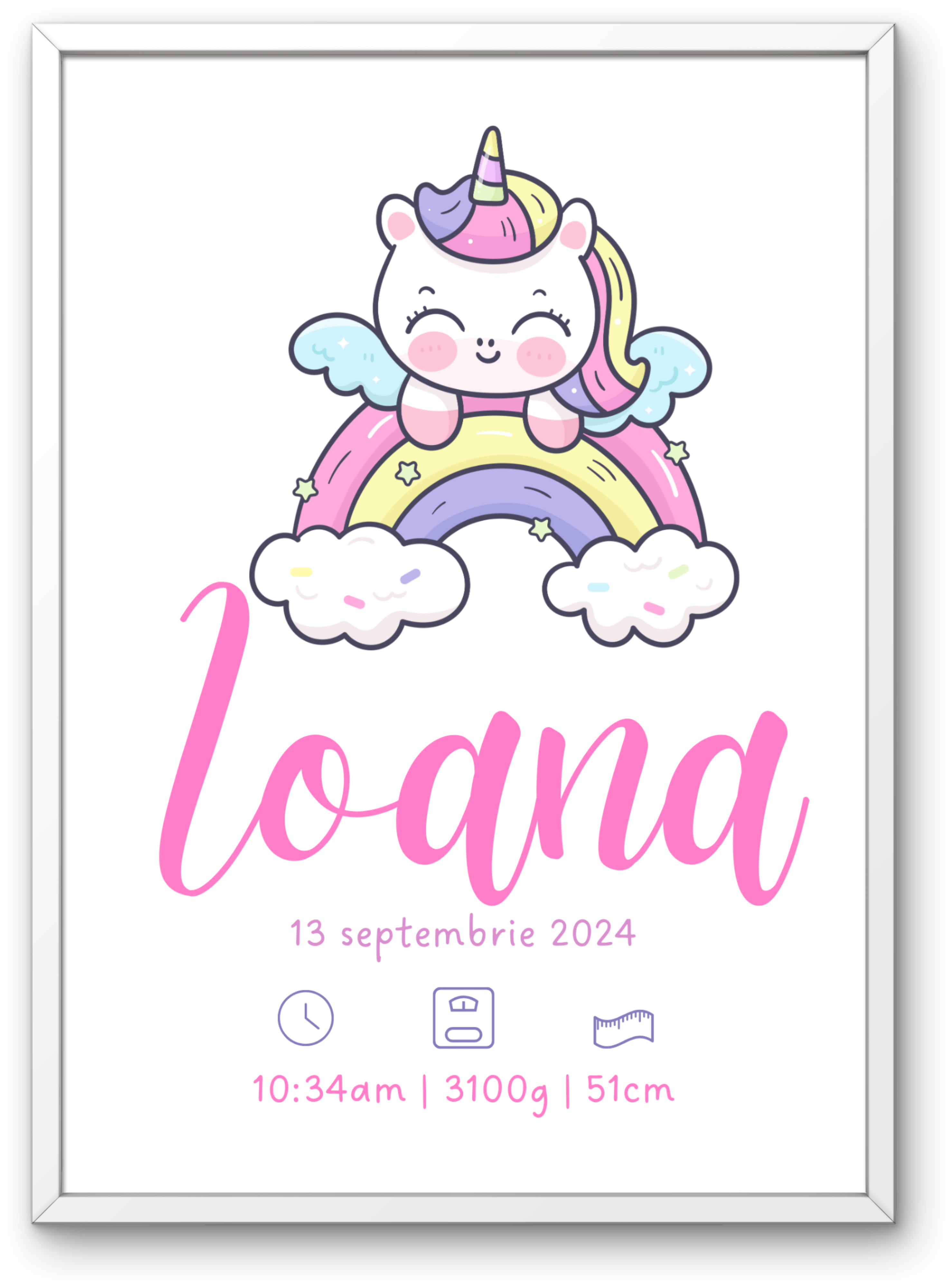 Tablou personalizat cu detaliile nașterii – Unicorn pe curcubeu