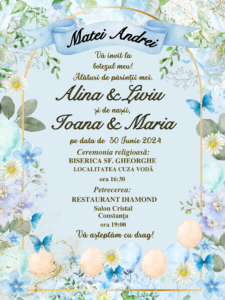 invitatie botez blue flowers