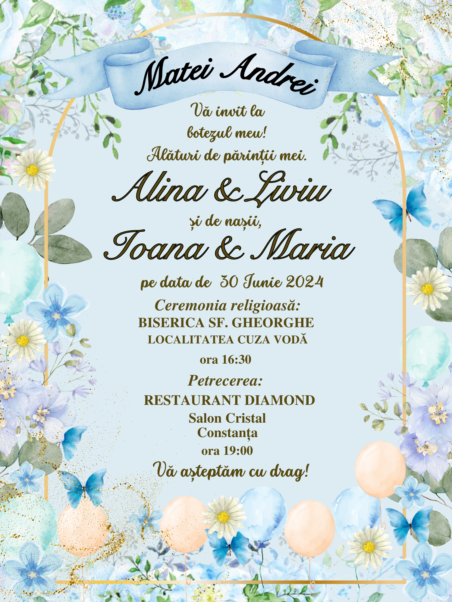 invitatie botez blue flowers