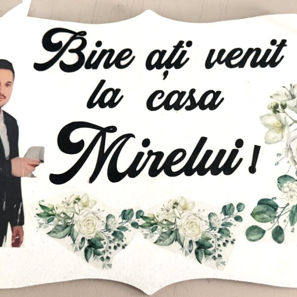 Plăcuță Decorativă Nuntă „Bine ați venit la casa Mirelui” – Personalizabilă cu Fotografie